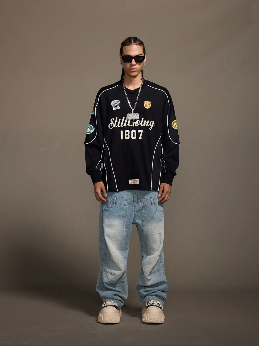 1807 Patchwork Print V Neck Long Sleeve Hockey Jersey
