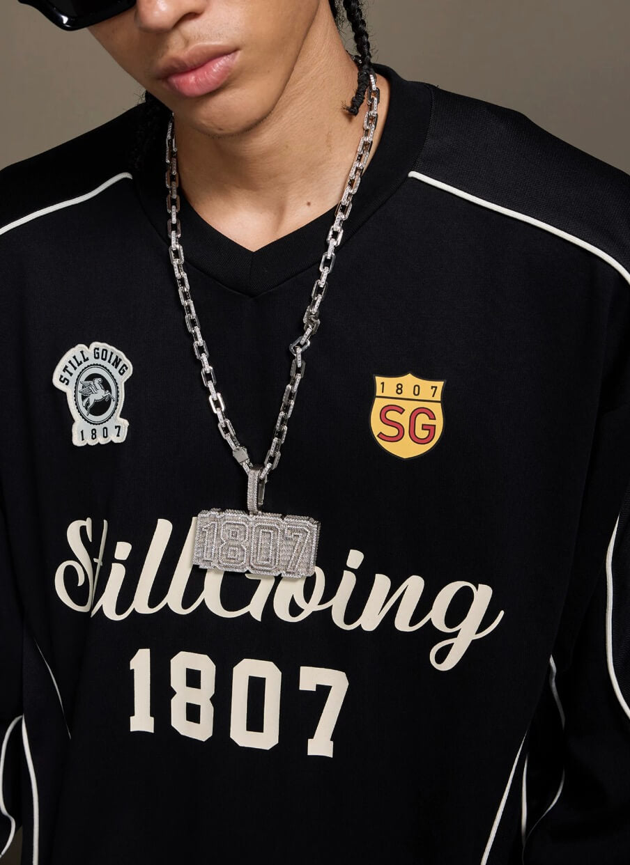 1807 Patchwork Print V Neck Long Sleeve Hockey Jersey