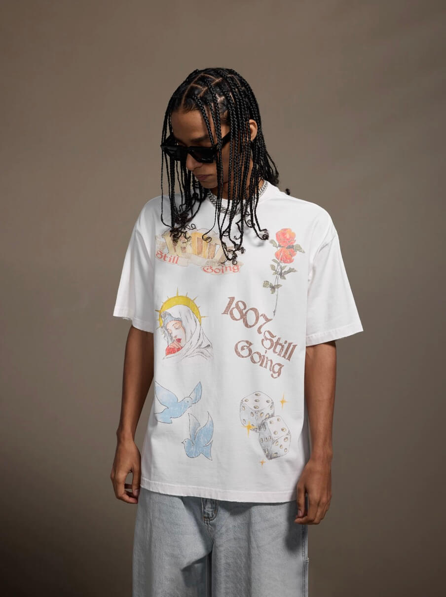 1807 Vintage Print Washed Distressed Short Sleeve Tee