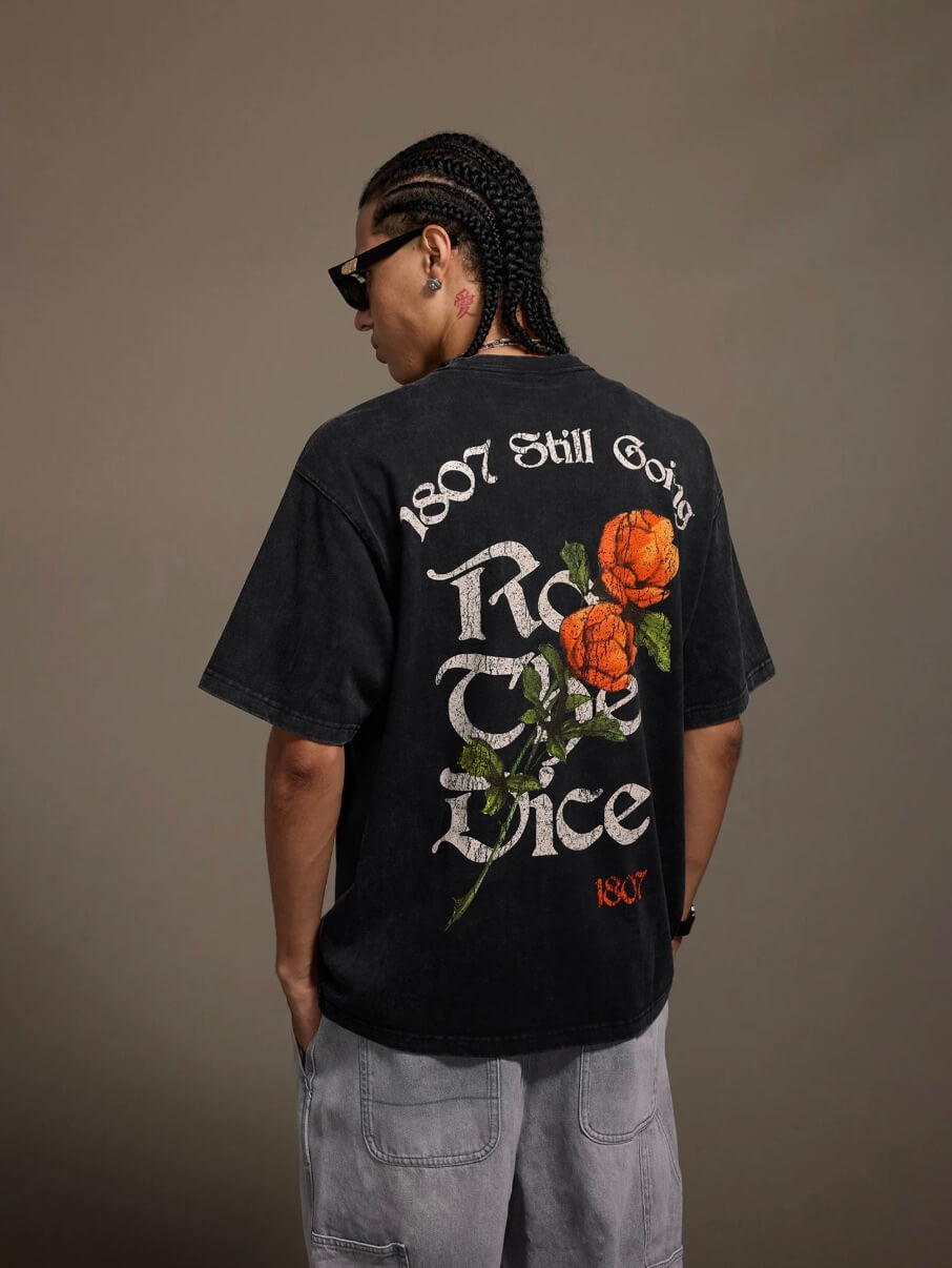 1807 Vintage Cracked Rose Print Washed Short Sleeve Tee