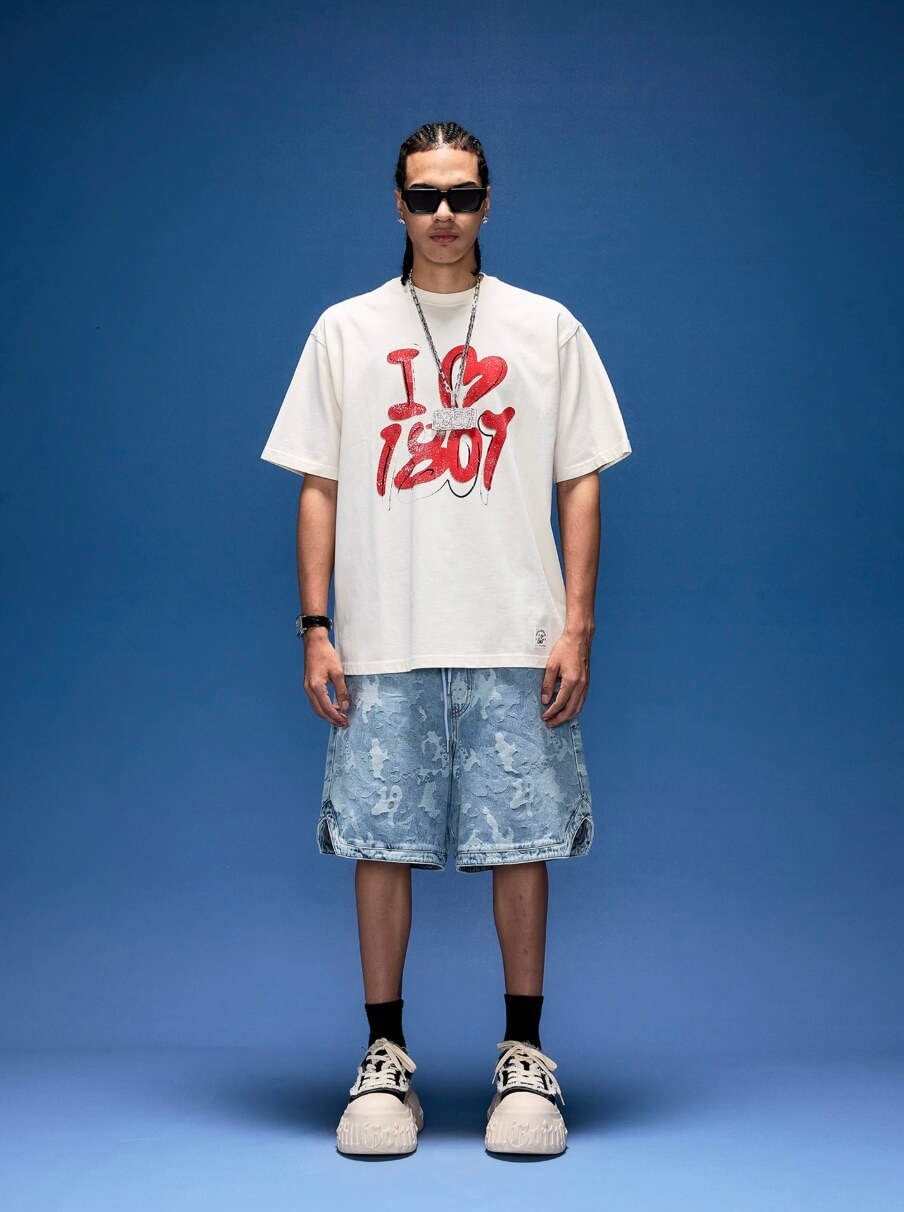 1807 I Love Graffiti Print Distressed Short Sleeve Tee