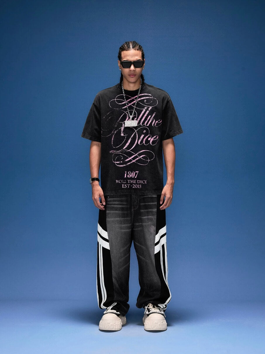 1807 Distressed Calligraphy Graphic Washed Short Sleeve Tee