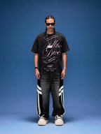 1807 Distressed Calligraphy Graphic Washed Short Sleeve Tee
