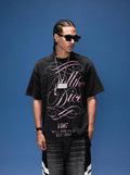 1807 Distressed Calligraphy Graphic Washed Short Sleeve Tee