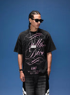 1807 Distressed Calligraphy Graphic Washed Short Sleeve Tee