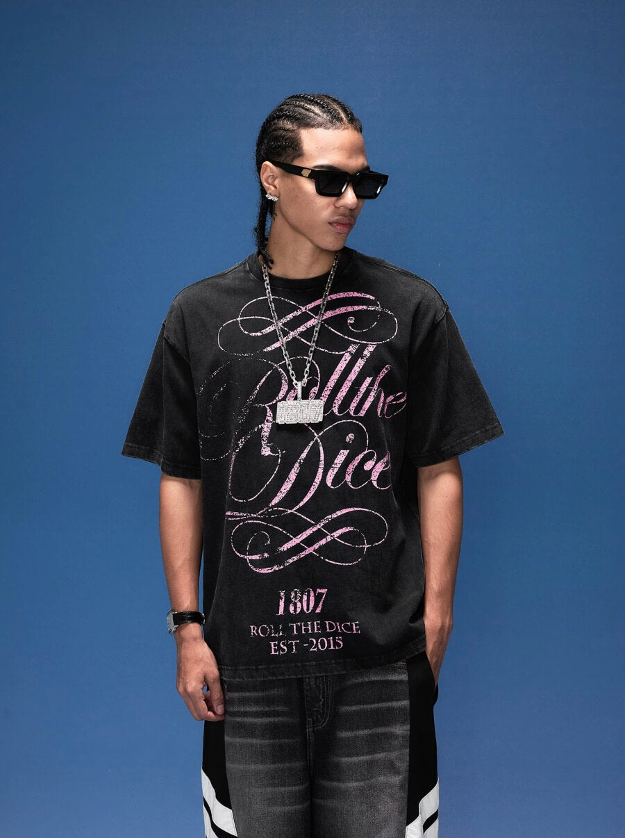 1807 Distressed Calligraphy Graphic Washed Short Sleeve Tee
