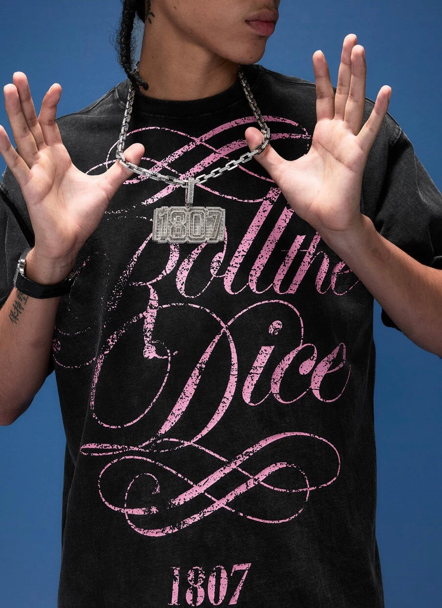 1807 Distressed Calligraphy Graphic Washed Short Sleeve Tee