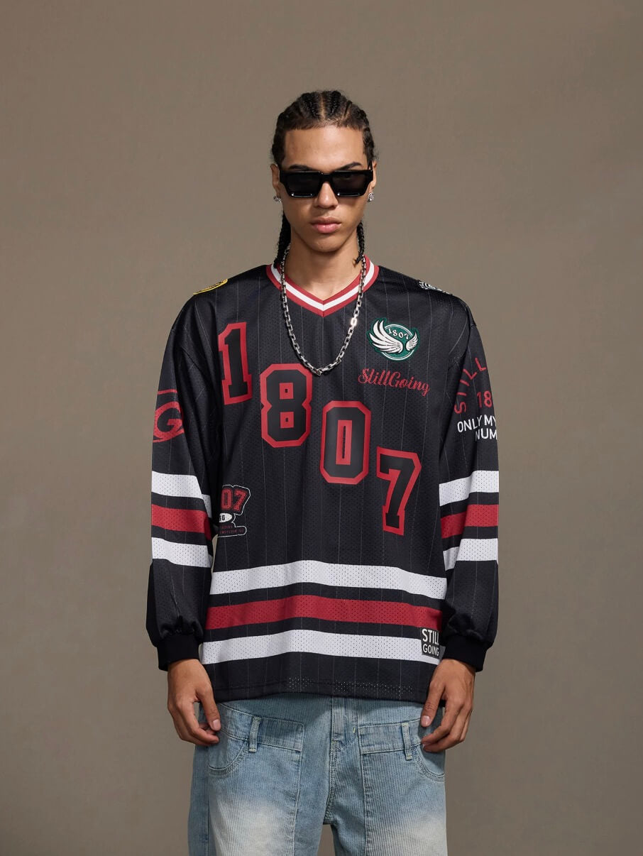 1807 Print Patch V Neck Mesh Long Sleeve Hockey Jersey