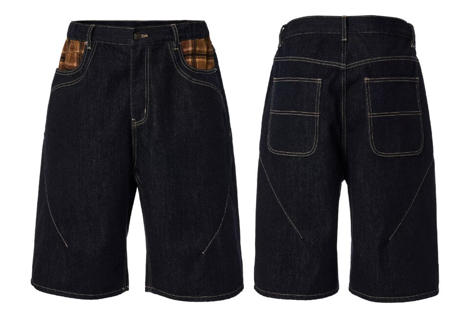 F2CE Plaid Pocket Patchwork Denim Baggy Shorts