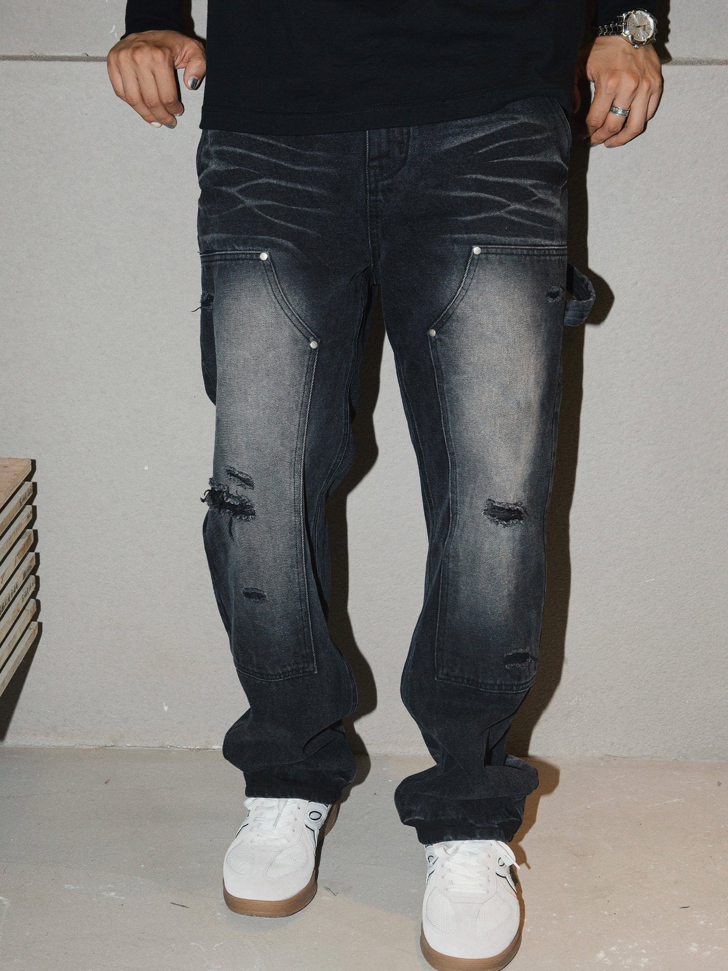 S45 Hole Washed Double Knee Jeans