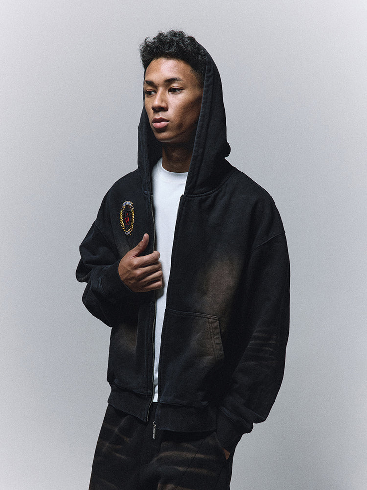 ANTIDOTE Washed Distressed Embroidery Badge Zip Up Hoodie