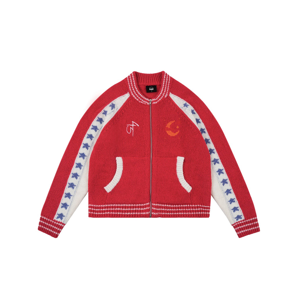 S45 Color Blocking Star Zip Up Cowichan Cardigan