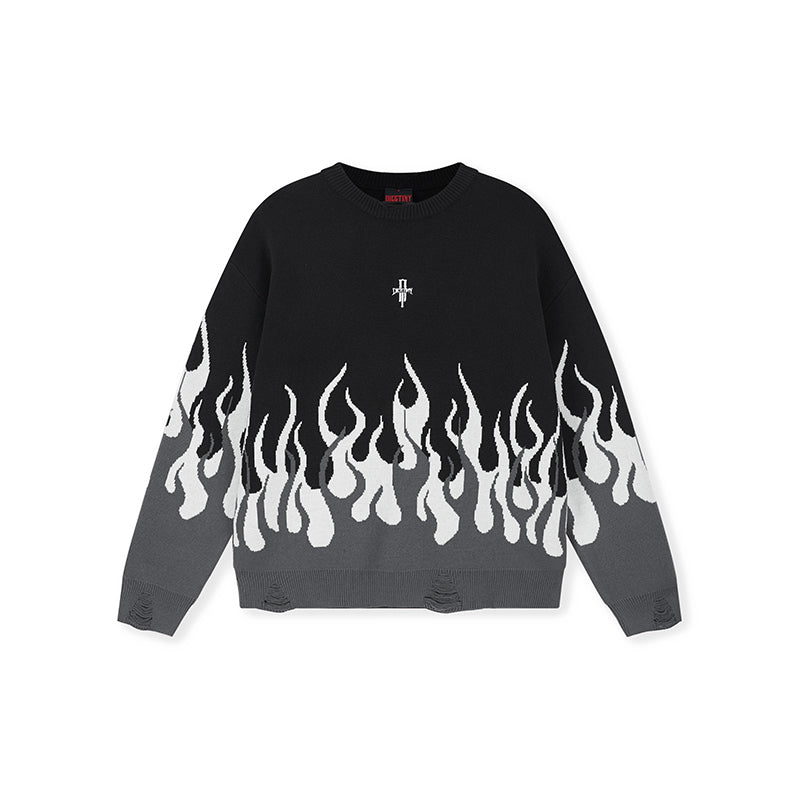DICETINY Basic Logo Flame Destruction Knit Sweater