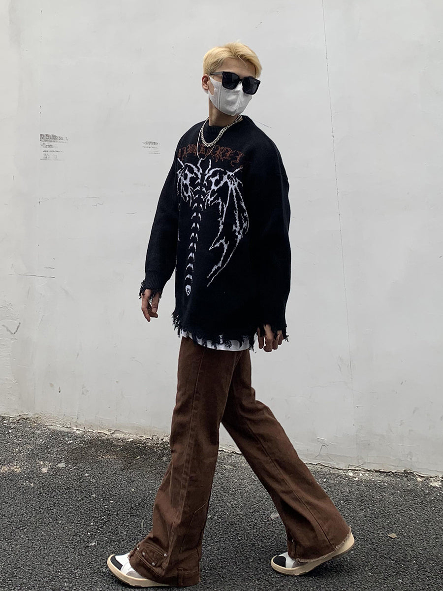 Skeleton Letters Frayed Distressed Knit Sweater