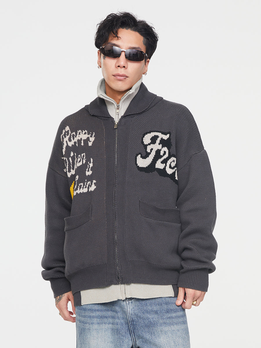 F2CE Embroidered Patchwork Zipper Knit Cardigan