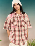 YADcrew Evening Lace Splicing Pink Plaid Short Sleeve Shirt