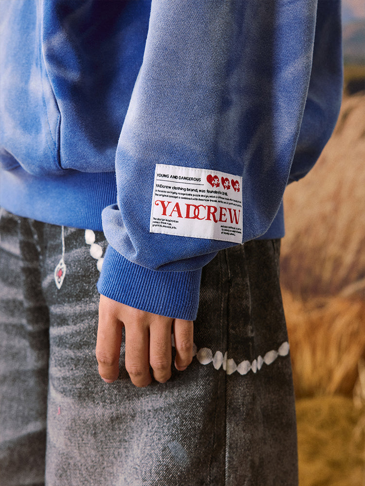 YADcrew Washed Patch Angel Embroidery Printed Sweatshirt