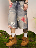 YADcrew Evening Lace Print Denim Shorts