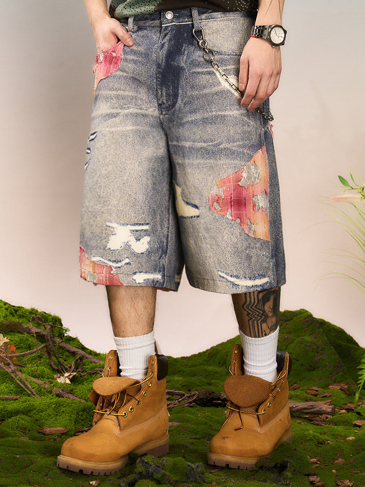 YADcrew Evening Lace Print Denim Shorts