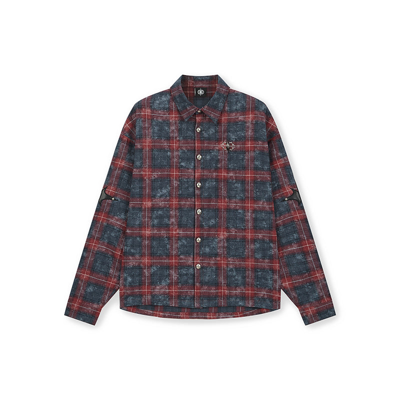 DICETINY Embroidered Leather Metal Logo Button Plaid Long Sleeved Shirt