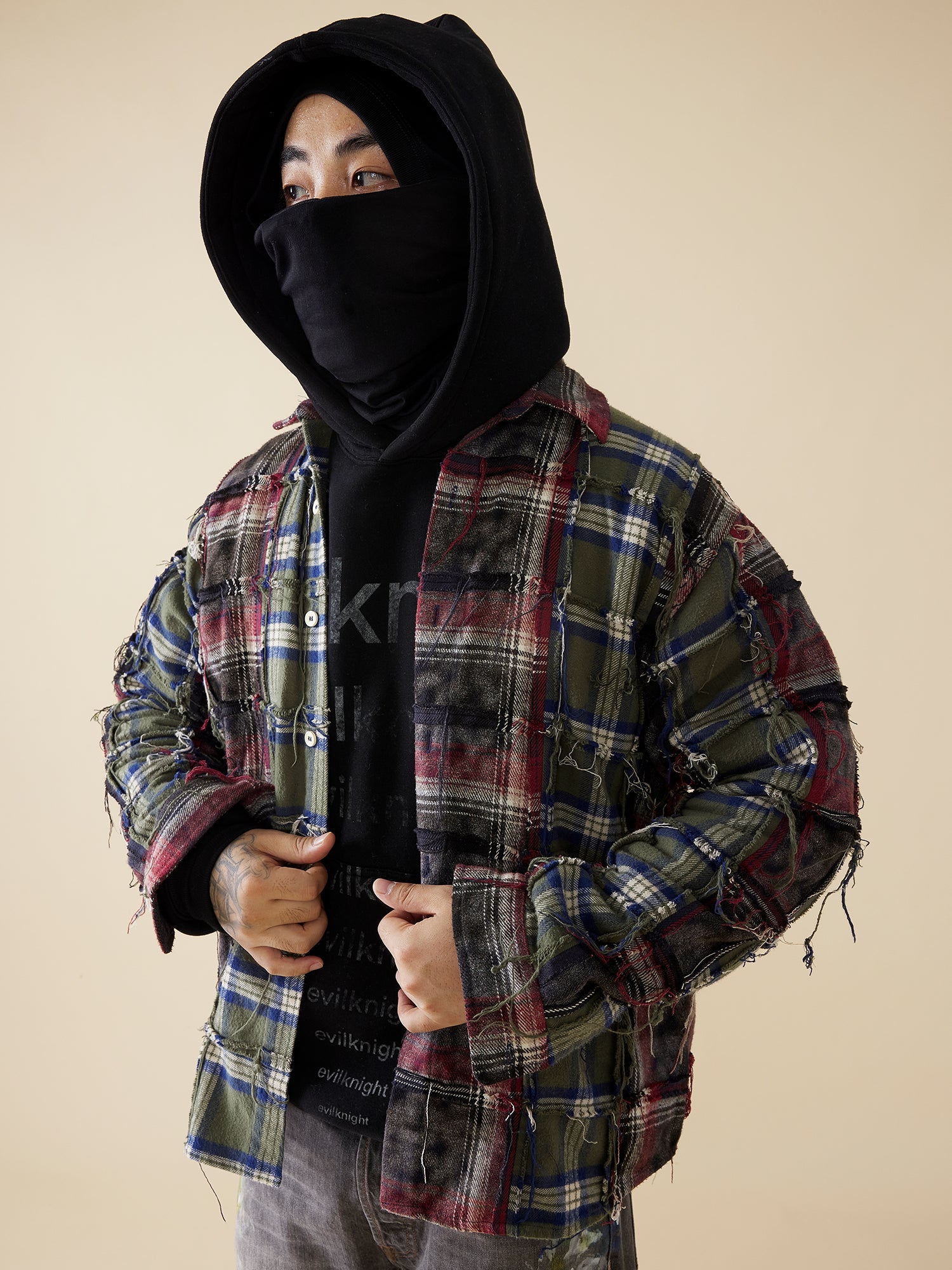 EVILKNIGHT(EK) Color Blocking Plaid Long Sleeve Shirt