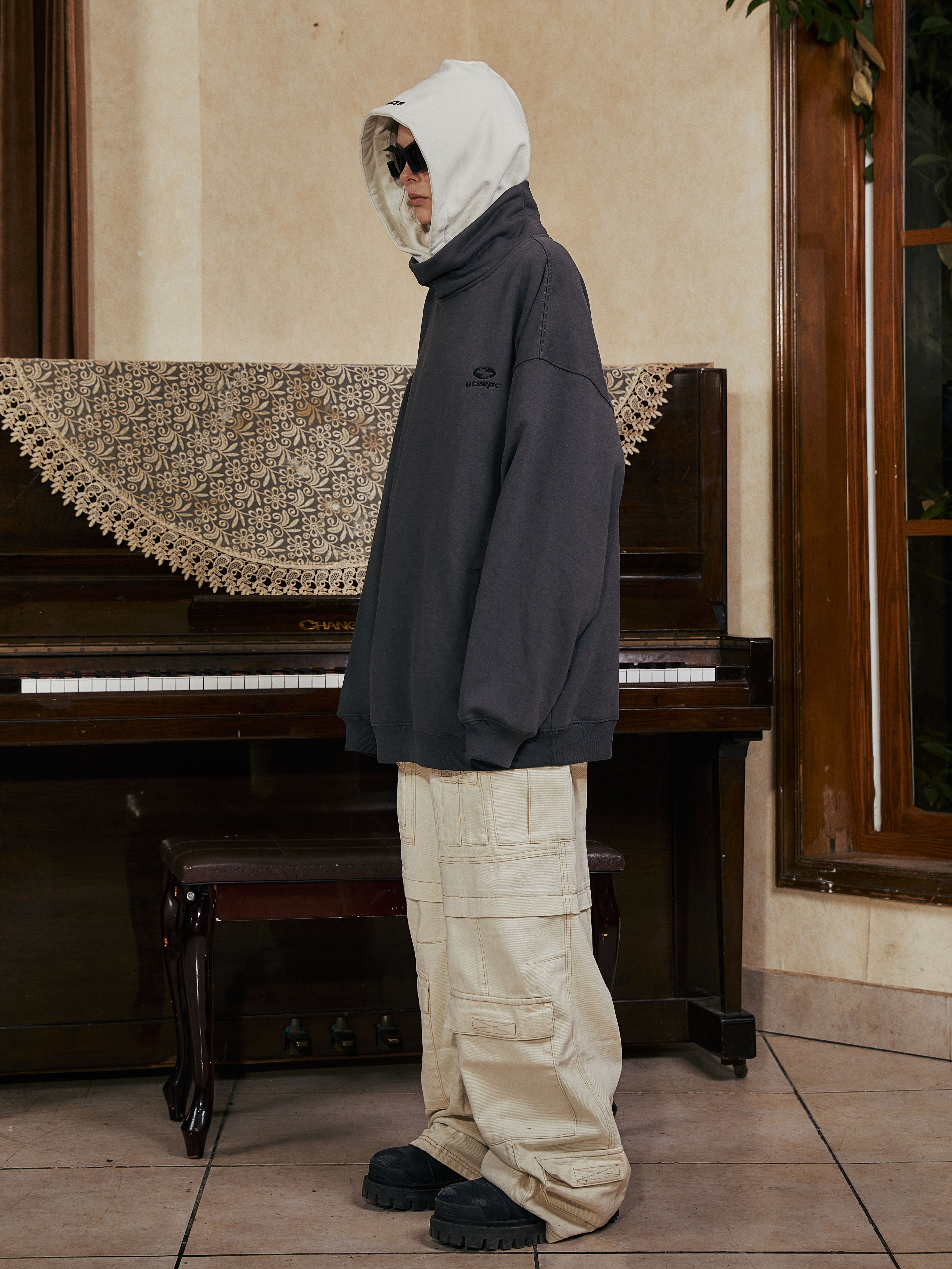 STEEPC Patchwork Turtleneck Two Tone Logo Print Hoodie
