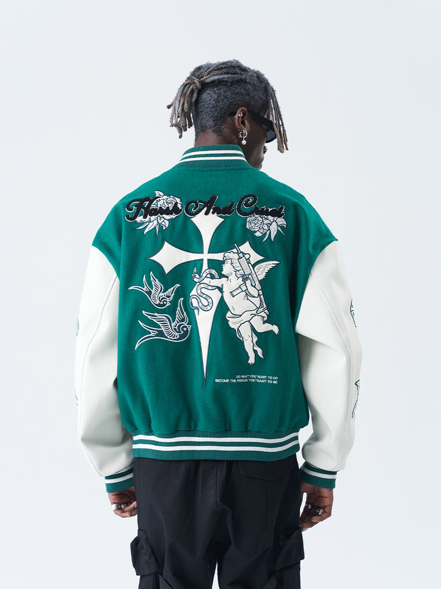 Harsh and Cruel Cross Angel Embroidered Varsity Jacket