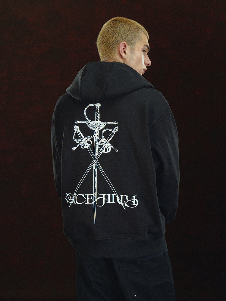 DICETINY Metal Logo & Studs Sword Printed Zip Up Hoodie