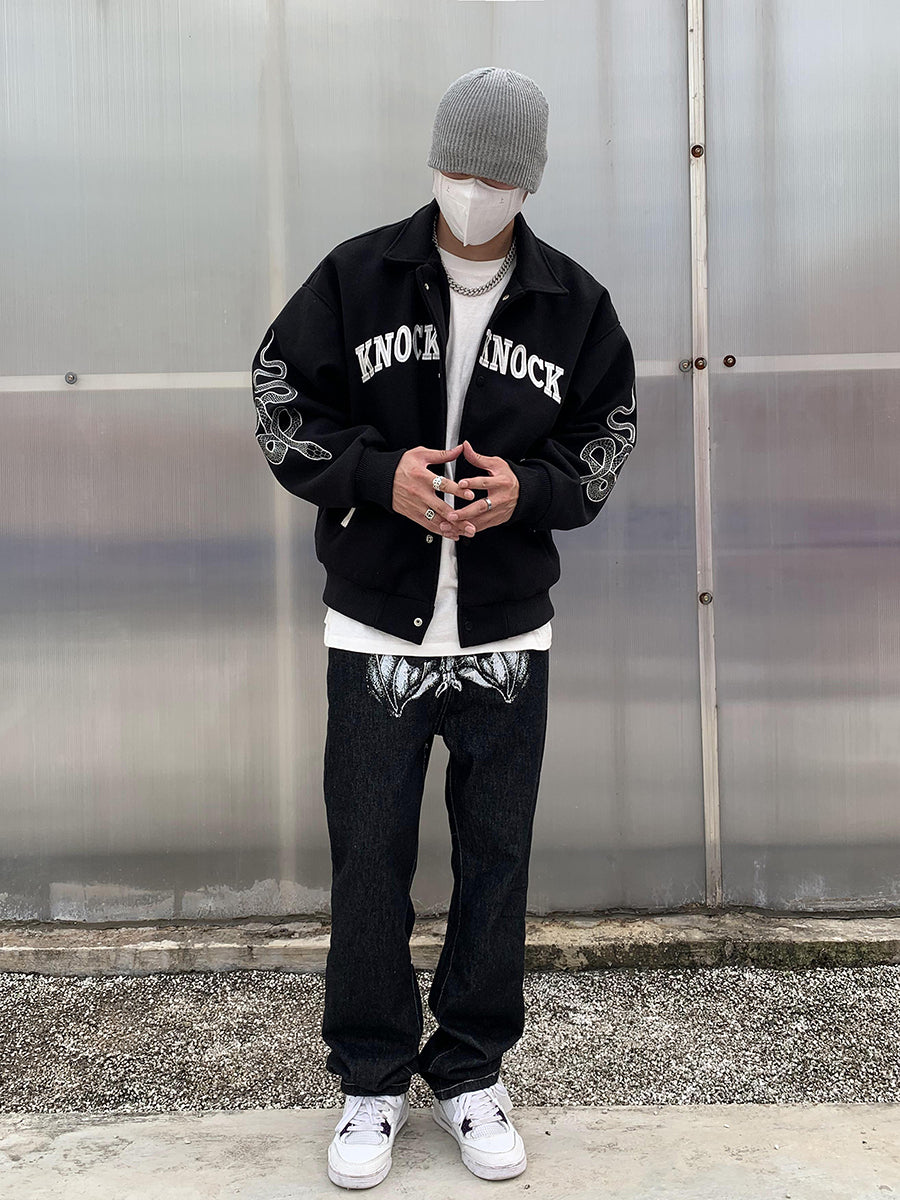 Knock Knock Embroidered Varsity Jacket