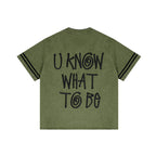 ANTIDOTE Embroidered Letters Denim Baseball Short Sleeve Shirt