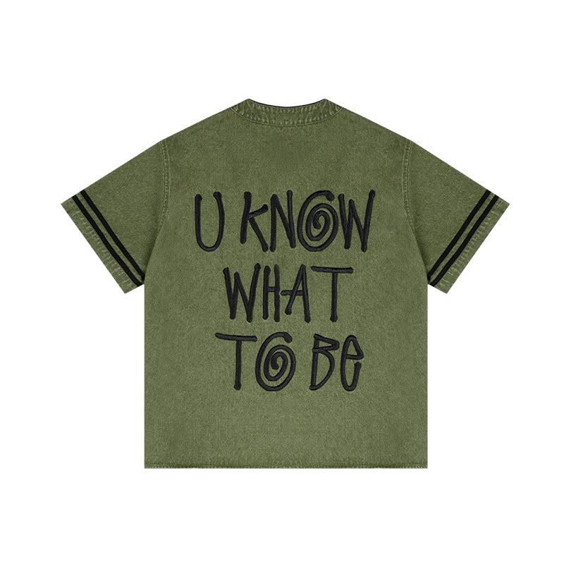 ANTIDOTE Embroidered Letters Denim Baseball Short Sleeve Shirt