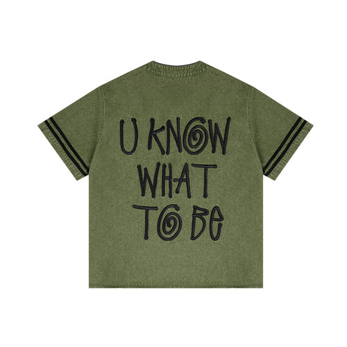 ANTIDOTE Embroidered Letters Denim Baseball Short Sleeve Shirt