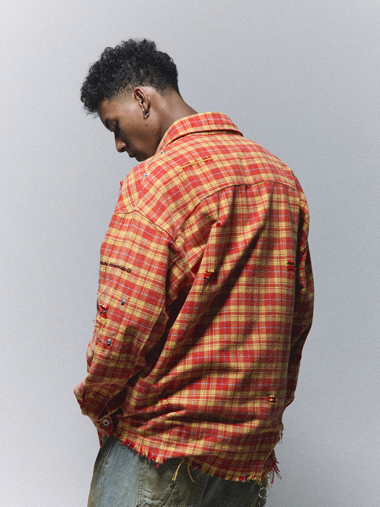 ANTIDOTE Destroyed Studded Plaid Long Sleeve Shirt