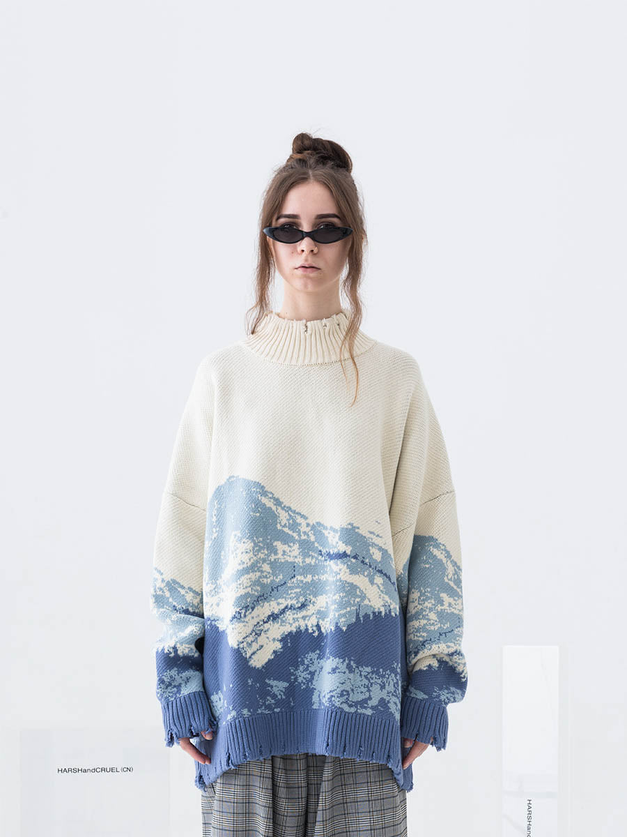 Harsh and Cruel Snow Mountain Destruction Knit Sweater
