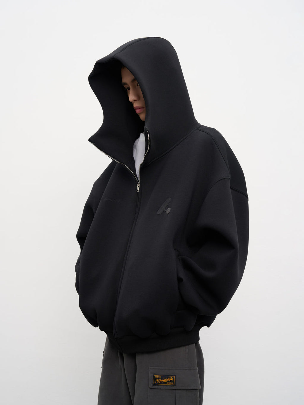 AFGK Air Layer High Collar Embroidered Oversized Zip-Up Hoodie
