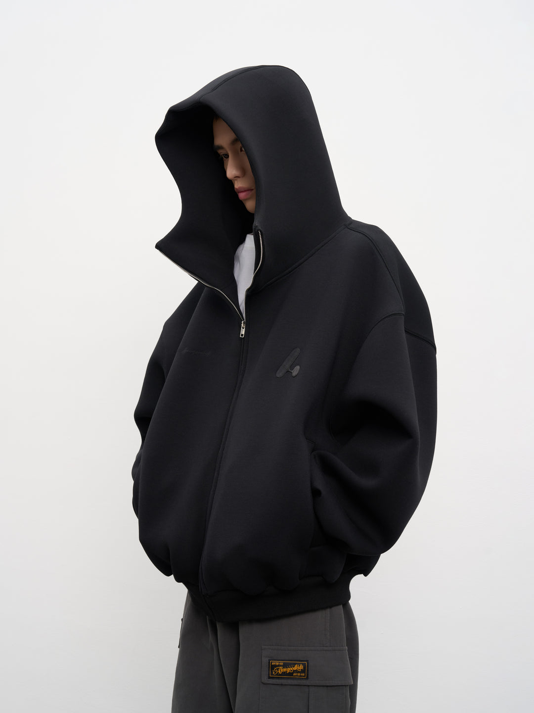 AFGK Air Layer High Collar Embroidered Oversized Zip-Up Hoodie