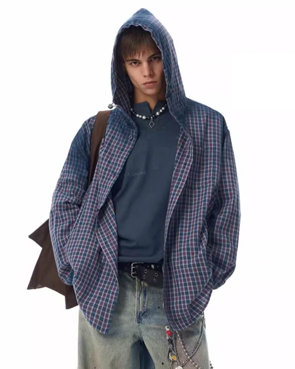 JHYQ Gradation Plaid Hooded Long Sleeved Shirt