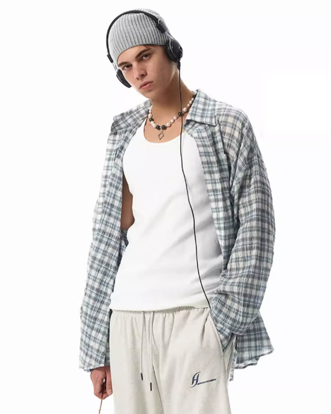 JHYQ Pleated Plaid Long Sleeved Shirt