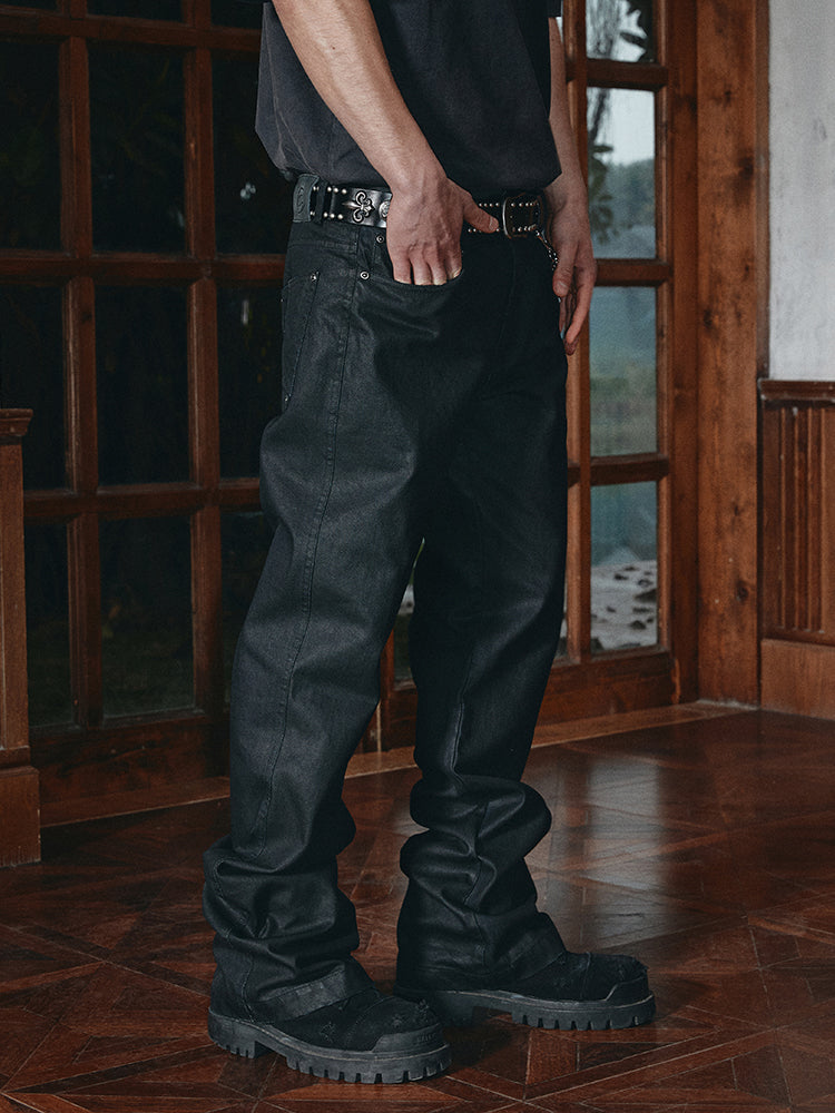 ANTIDOTE Coated Distressed Slim Fit Micro Flare Denim Jeans