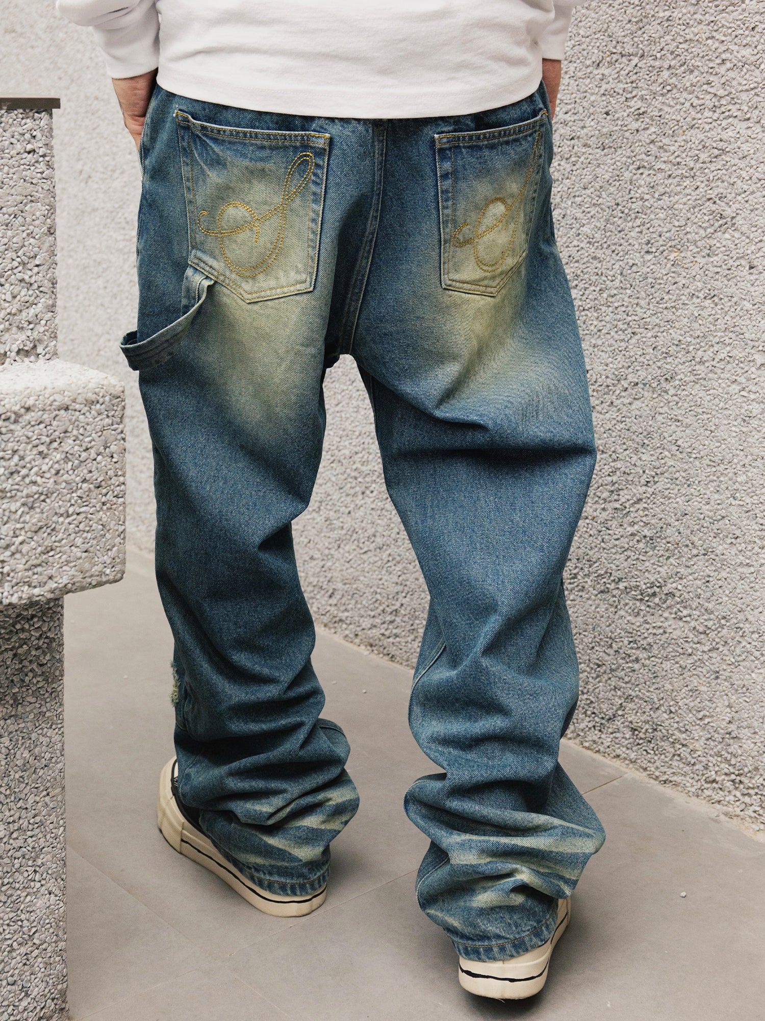 S45 Hole Washed Double Knee Jeans