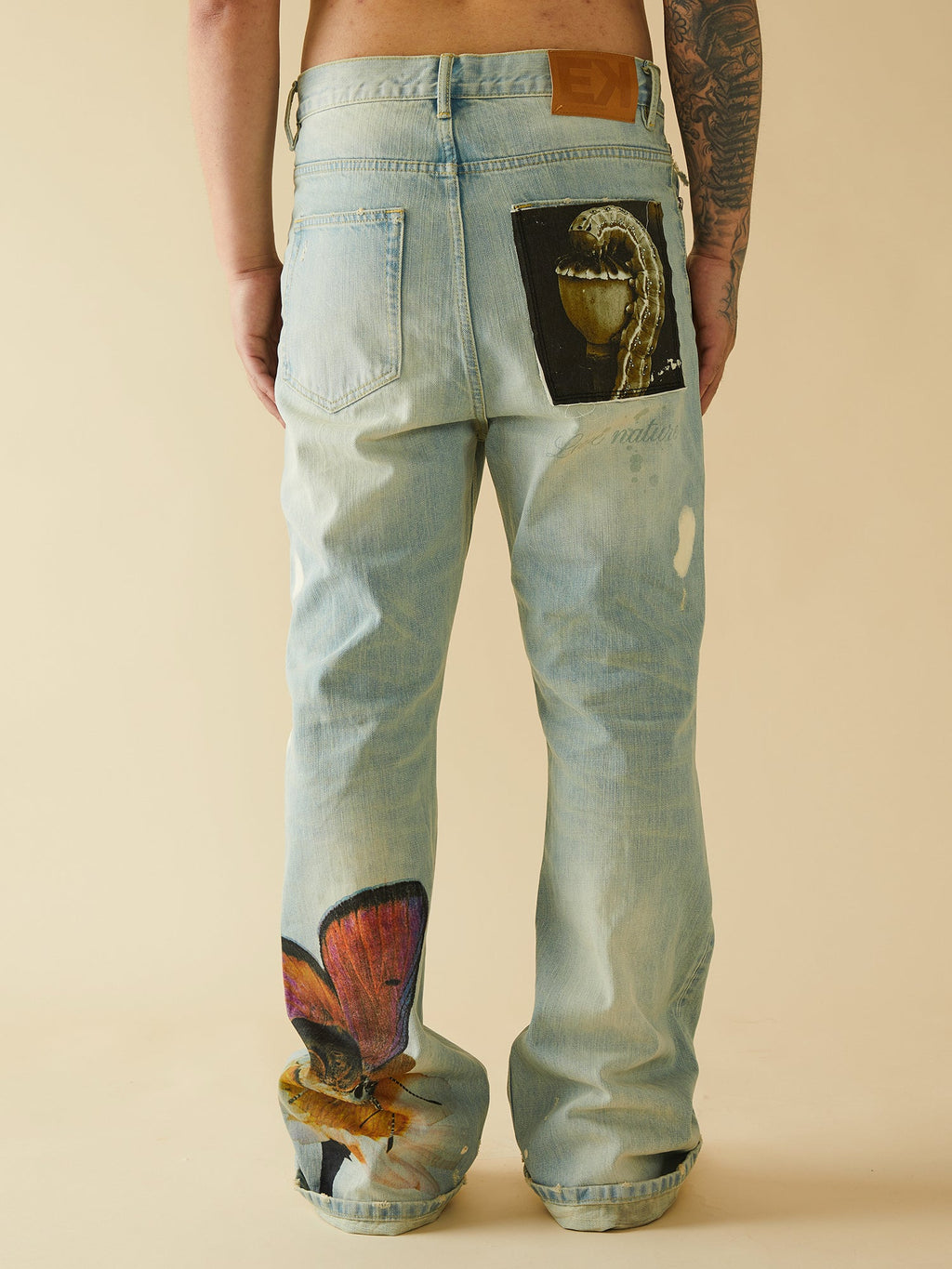 EVILKNIGHT(EK) Digital Print Butterfly Embroidery Denim Flare Pants