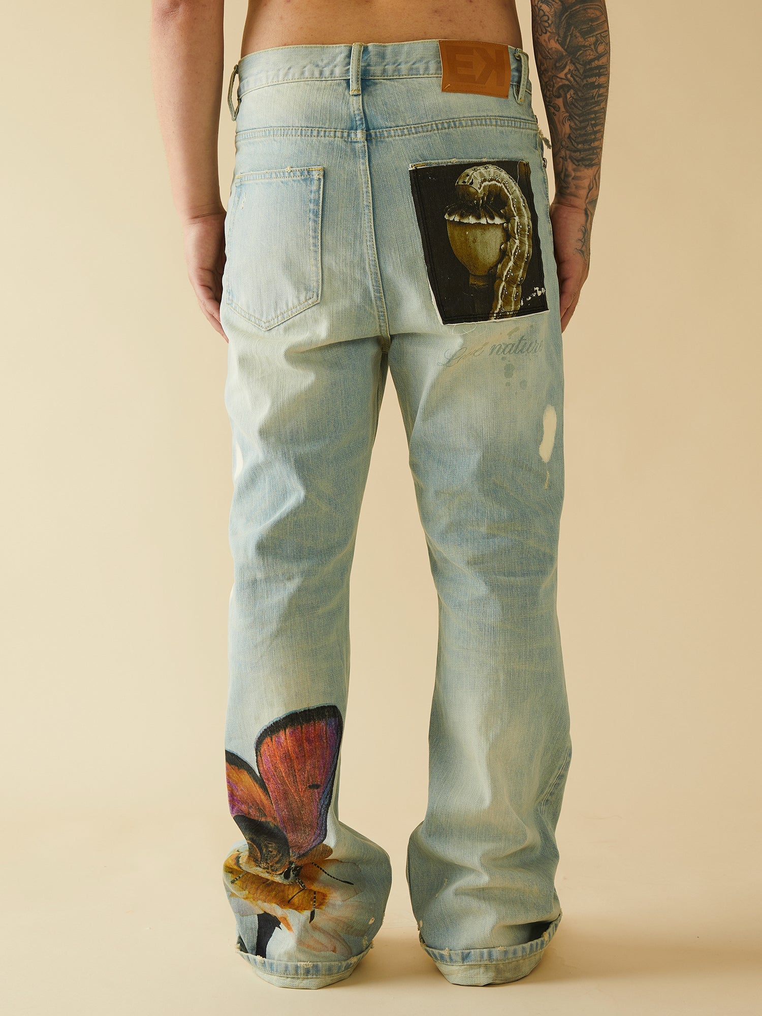 EVILKNIGHT(EK) Digital Print Butterfly Embroidery Denim Flare Pants