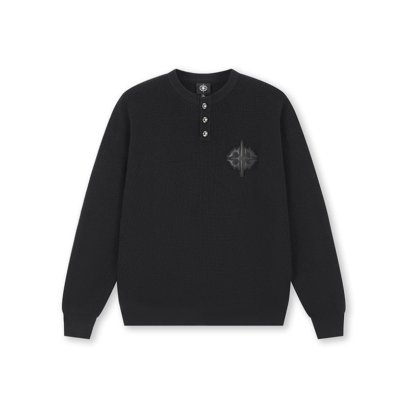 DICETINY Jacquard Leather Logo Metal Button Henry Neck Knit Sweater