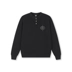 DICETINY Jacquard Leather Logo Metal Button Henry Neck Knit Sweater