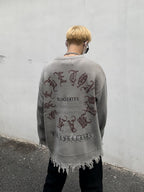 Skeleton Letters Frayed Distressed Knit Sweater