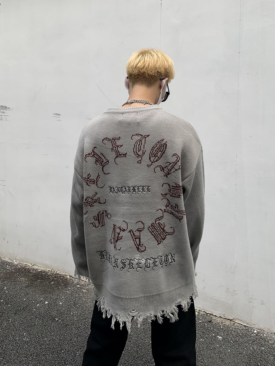 Skeleton Letters Frayed Distressed Knit Sweater