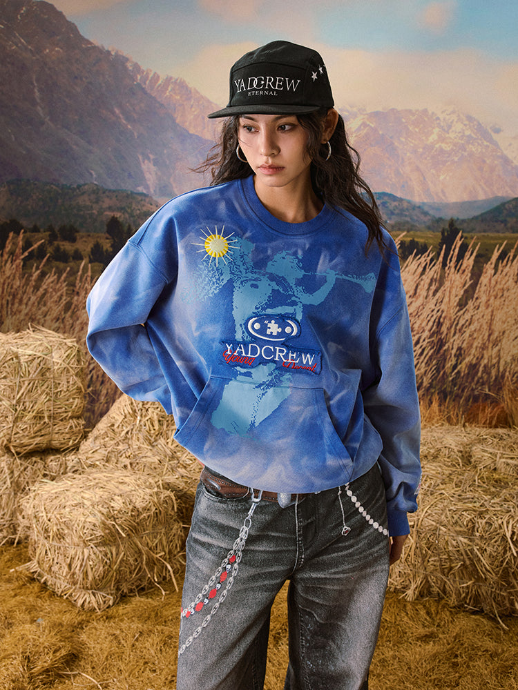 YADcrew Washed Patch Angel Embroidery Printed Sweatshirt