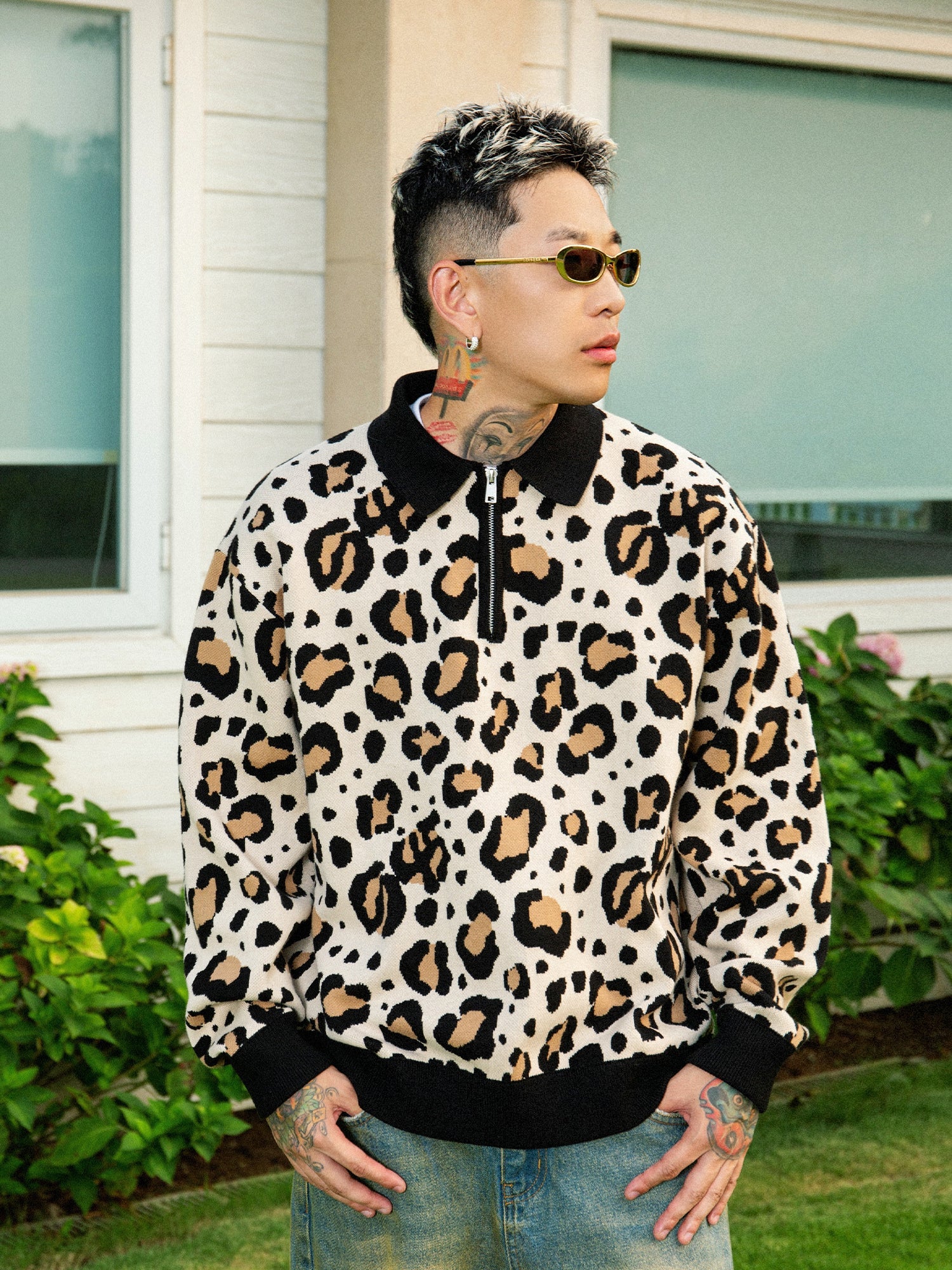 S45 Leopard Jacquard Polo Collar Knit Sweater
