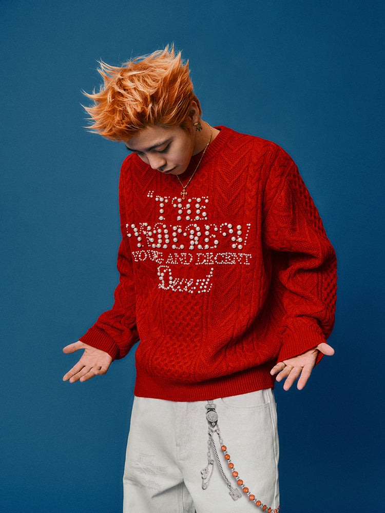 YADcrew Pearl Text Typography Knit Sweater