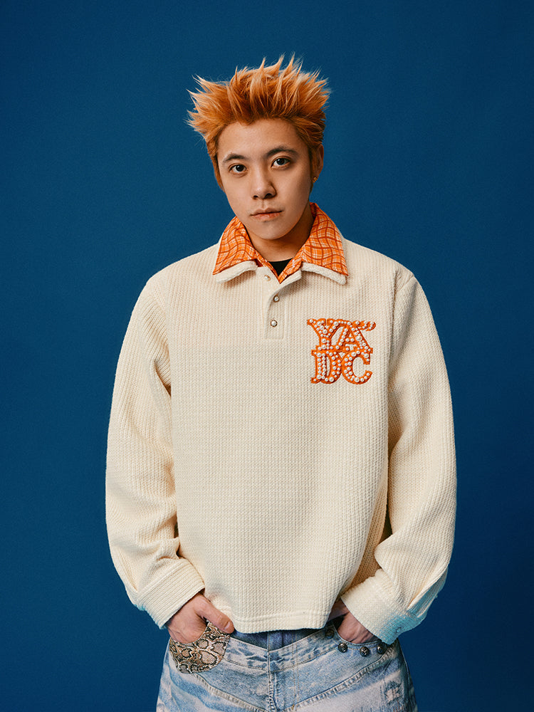 YADcrew Pearl Logo Double Collar Polo Knit Sweater